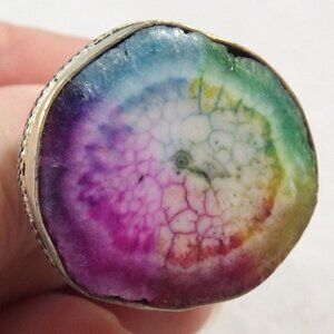 Multi-color Rainbow Solar Quartz Silver Plated Statement Ring, Size 8.25